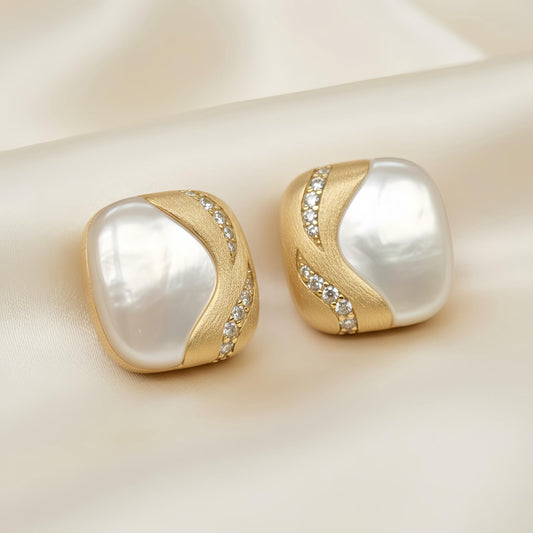 Vintage Mother-of-Pearl Brushed Gold Sqaure Studs | Ornate