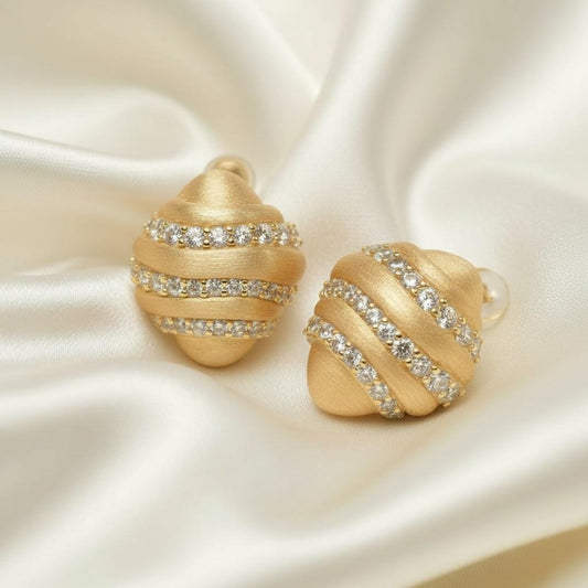 Vintage Hand-Brushed Gold Croissant CZ Studs | Ornate