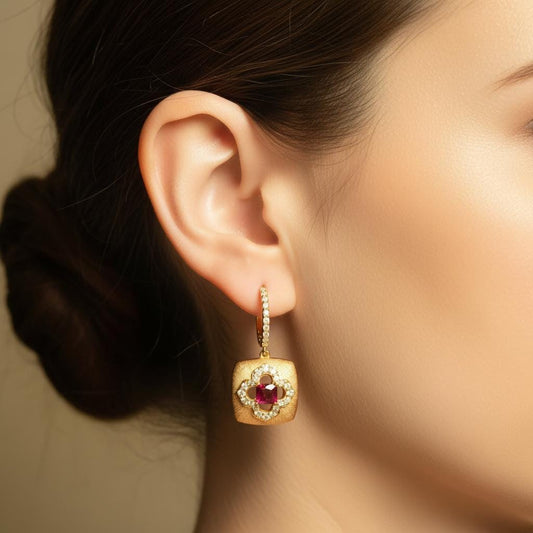 Vintage Floral Lab Ruby Brushed Gold Drop Earrings | Chroma