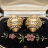 Vintage Hand-Brushed Gold Croissant CZ Studs | Ornate