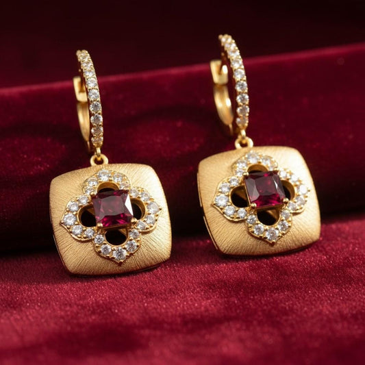 Vintage Floral Lab Ruby Brushed Gold Drop Earrings | Chroma