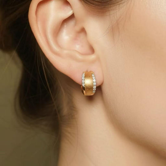 Vintage Wide Brushed Gold CZ Huggie Hoops | Orante