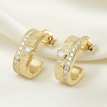 Vintage Textured Gold Pear Moissanite Pavé Hoops | Orante