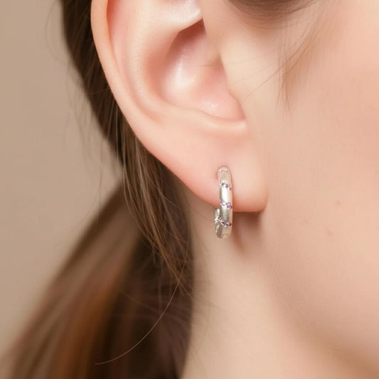 Lavender Purple CZ Spiral Matte Silver Huggie Hoops | Pastel