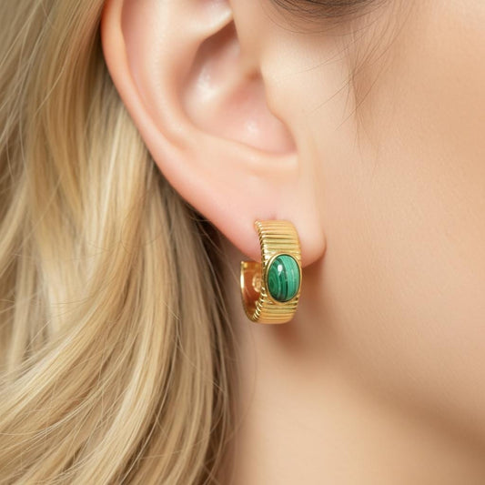 Natural Green Malachite Fluted Gold Hoops | Ornate