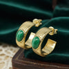 Natural Green Malachite Fluted Gold Hoops | Ornate