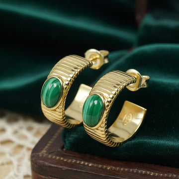 Natural Green Malachite Fluted Gold Hoops | Ornate