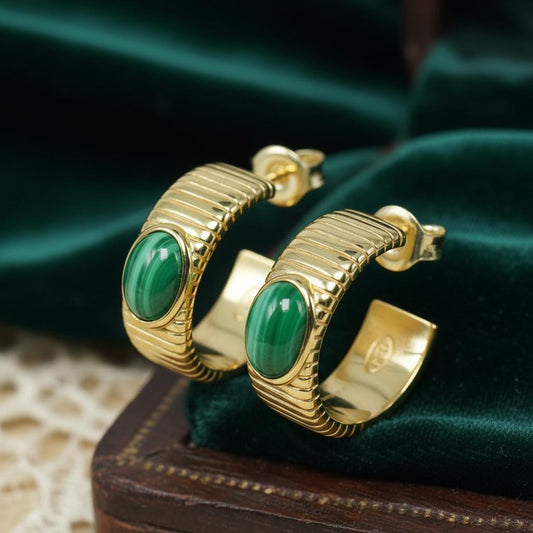 Natural Green Malachite Fluted Gold Hoops | Ornate