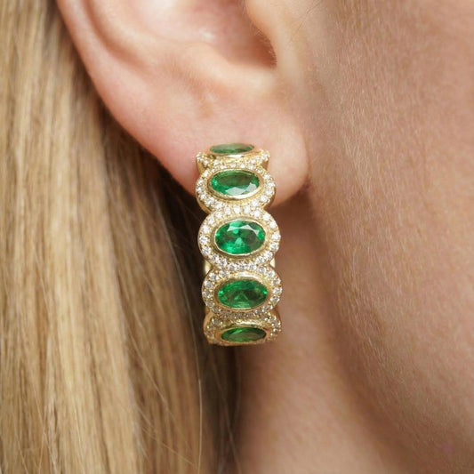 Oval Green Spinel Halo Vintage Gold Hoops | Chroma