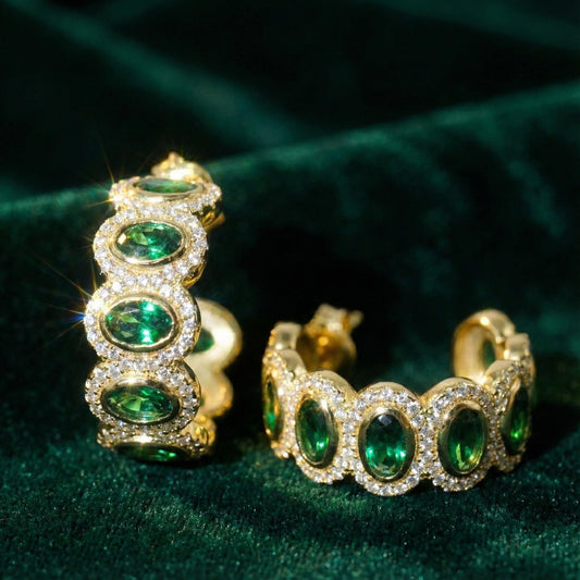 Oval Green Spinel Halo Vintage Gold Hoops | Chroma