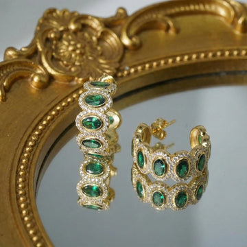 Oval Green Spinel Halo Vintage Gold Hoops | Chroma