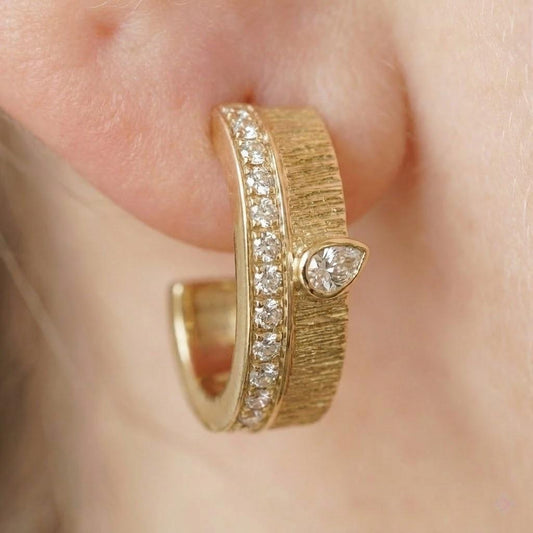 Vintage Textured Gold Pear Moissanite Pavé Hoops | Orante