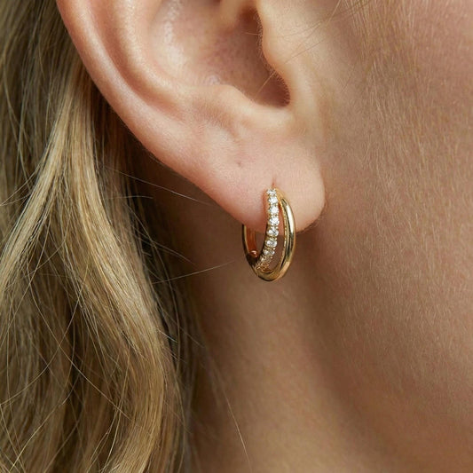 Stacked Moissanite Pavé Two Tone Double Huggie Hoops | Aria