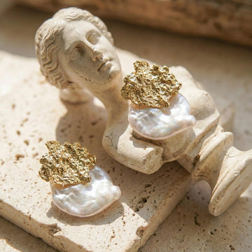 Vintage Baroque Coin Pearl Molten Gold Studs | Ornate