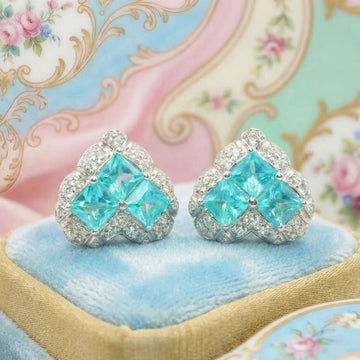 Vintage Lab Paraiba Blue Heart Halo Stud Earrings | Amour