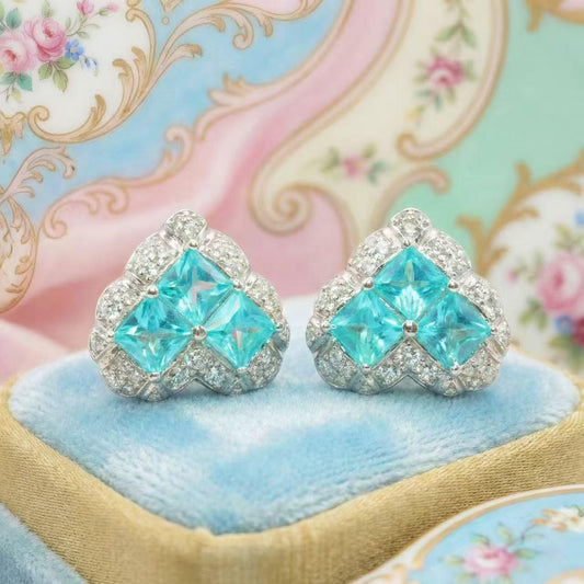 Vintage Lab Paraiba Blue Heart Halo Stud Earrings | Amour
