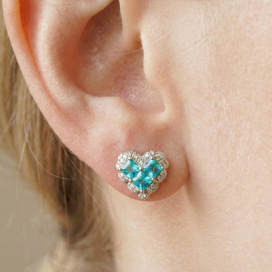 Vintage Lab Paraiba Blue Heart Halo Stud Earrings | Amour