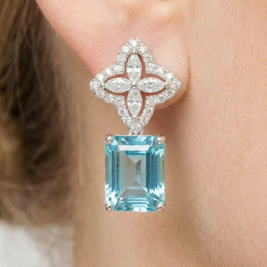 Aqua Blue Pavé Clovers Emerald-Cut Studs | Pastel