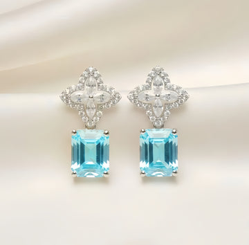 Aqua Blue Pavé Clovers Emerald-Cut Studs | Pastel