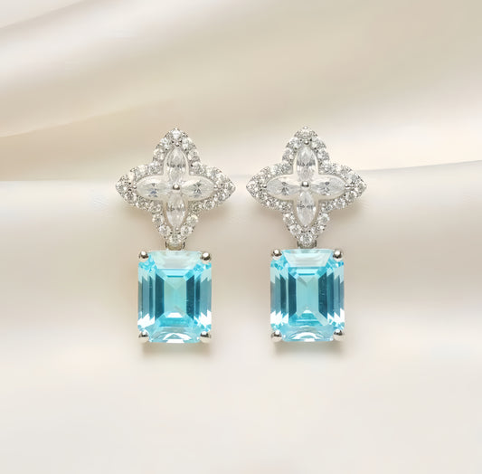 Aqua Blue Pavé Clovers Emerald-Cut Studs | Pastel