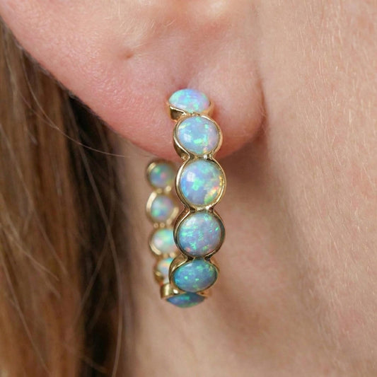 Natural Blue Opal Gold Open Hoop Earrings | Pastel