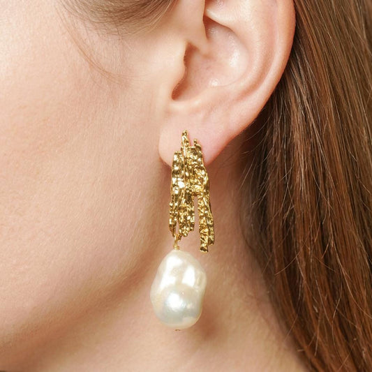 Vintage Baroque Pearl Molten Gold Dangles | Ornate