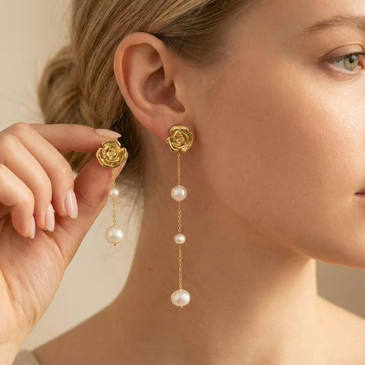 Freshwater Pearl Mismatched Rose Floral Dangles | Jardin
