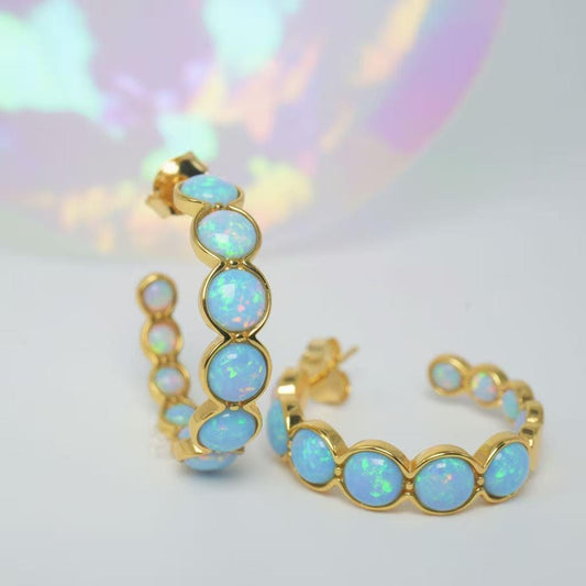 Natural Blue Opal Gold Open Hoop Earrings | Pastel